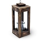 Holz Hänge Laterne mit Metall Kette - 31 cm - Deko Kerzenhalter mit Kerzenglas - Tisch Deko Leuchte Windlicht Kerzenhalter zum Aufhängen