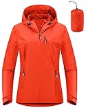 Outdoor Ventures Damen Regenjacke 10000MM Wasserdicht Leichte Gefüttert Packbar Sportjacke Funktionsjacke Atmungsaktiv Fahrrad Jacke mit Kapuze Orange XL