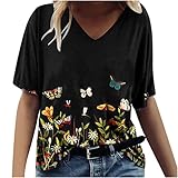 TURWXGSO Tops für Frauen UK Damen Kurzarm Pullover Shirts Casual V-Ausschnitt Lose T-Shirt Tops Trendy Sommer Blusen Top Bohemian Floral Printed Tunika Top Tees Trendy Streetwear, 6$ Schwarz, XXL