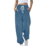 Mrat Cordhose für Damen, elastische Taille, einfarbig, lockeres gerades Bein, leger, schmale Passform, Alltagskleidung, Vintage, weites Bein, Baggy-Hose mit Taschen, Kordelzug, leicht, Relax-Fit-Hose,