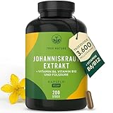 Johanniskraut Kapseln hochdosiert - 200 Kapseln mit Vit. B6 (trägt zu einer normalen psychischen Funktion bei) sowie Folsäure & B12 - natürliches Hypericin & Hyperforin - Made in Germany - TRUE NATURE
