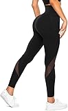 KUMAYES Damen Sports Leggings Hohe Taille Lange Sporthose Sportleggings mit Bauchkontrolle Yogahose Fitnesshose mit Taschen (L, Schwarz)