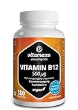 Vitamin B12 hochdosiert und vegan, Methylcobalamin, 500 mcg 180 Tabletten für 6 Monate, Natürliche Nahrungsergänzung ohne Zusatzstoffe