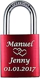 LoveGoals Liebesschloss mit Gravur und 2 Schlüsseln, Individuelle Gravur, Geschenkidee mit hochwertiger Geschenkverpackung, Eloxiert, Motiv M005, Rot