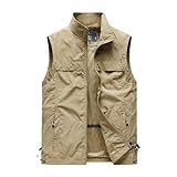 Leichte Herren-Outdoor-Weste, Reißverschluss, ärmellos, atmungsaktiv, Netzfutter, Utility-Wanderweste, khaki, M
