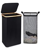 efluky Großer Wäschekorb mit Deckel, hoher Wäschebehälter mit Bambusgriffen, Aufbewahrung von Kleidung und Spielzeug, freistehend, zusammenklappbar, mit Innentasche, Schlafzimmer und Badezimmer,