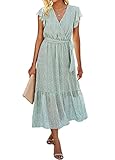SEVETAT Damen Chiffon Boho Lange Kleid mit Gürtel Sommerkleid Partykleid Elegant V-Ausschnitt Maxikleid Blumenkleid Abendkleid Rüschen Strandkleid Cocktailkleid (Hellgrün, L)