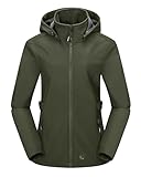 Outdoor Ventures Damen Softshelljacke Kurze Gefütterte Funktionsjacke Wasserdichte Übergangsjacke mit Abnehmbarer Kapuze Regenjacke Outdoor Regenmantel Softshellmantel für Wandern Laufen Oliv-Grün M