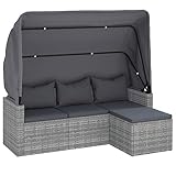 vidaXL Gartensofa 3 Sitzer, Sofa mit faltbaren Dach, Couch mit Fußhocker, Relaxsofa Dreisitzer Terrassensofa Gartenmöbel, Grau Poly Rattan