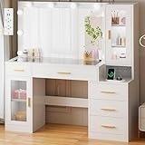 BEWISHOME Großer Schminktisch mit verstellbaren LED-Beleuchtung und Steckdosen,Schminktisch mit Spiegel,Glasplatte,Kosmetiktisch mit 5 Schubladen,2 Schrank,Frisiertisch für Schlafzimmer Weißer EFST34W