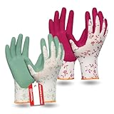 Gebol Flower Duo, Gartenhandschuhe Damen, Arbeitshandschuhe im Doppelpack mit Blumenmuster & weicher Latex Beschichtung für guten Grip, 2x Schutzhandschuhe Gr. M (Gr.8), Rot/Grün