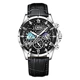 LIGE Uhr Herren Edelstahl Wasserdicht Analog Mondphase Quarz Herrenuhr Chronograph Lederarmband Watches for Men Mit Datum Leuchtende Herrenarmbanduhren Business Retro Männer Uhren,Silberschwarz
