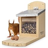 WILDLIFE FRIEND I Eichhörnchen Futterhaus Maxi | 14 x 29 x 26.5 cm aus Massivholz mit Metall-Dach - Wetterfest, Futterstation zum Eichhörnchen füttern, Eichhörnchenfutterhaus