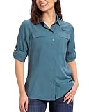 33,000ft Hemdbluse Damen UPF50 UV Schutz Hemd Schnelltrocknende Button-Down Shirts Atmungsaktive Wanderhemd Safari Kleidung für Freizeit Angeln Reisen Blau 2XL