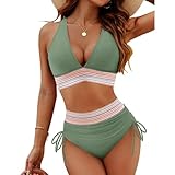 Homaskylynn V-Ausschnitt Patchwork Bikini 2-teiliges Set, 2024 V-Ausschnitt Bikini Set, Bauchkontrolle Bademode Bikinihose(Grün,XL)