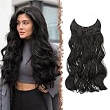 FESHFEN Invisible Hair Extensions Secrets Haarverlängerungen mit Draht Dunkelstes Braun Synthetisch Verstellbar Lockiges Haar Langes Gewelltes Geheimes Haarteil für Frauen 50cm