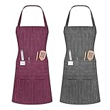 Vicloon Küchenschürze,2 Stück verstellbare Schürze mit 2 Taschen,Maschinenwaschbar, farbecht Schürze für Männer Damen Küche Restaurant Café -Grau & Weinrot