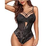 HOTSO Body Damen Sexy Spitze Unterwäsche, Einteiliger Body Dessous Babydoll One Piece Outfit Snap Crotch Frau Ehegatte Flitterwochen Hochzeitsnacht Party Täglich (Schwarz, L-XL)