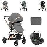 Kikkaboo Kombikinderwagen Amaia 3in1 i-Size Babyschale umbaubar Federung Tasche, Farben:dunkelgrau