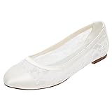 Emily Bridal Spitze Hochzeit Schuhe Flache Pumpen Runde Slip-on Brautschuhe, 39 EU, Elfenbein