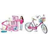 BARBIE - Traumvilla, Poolparty Puppenhaus mit mehr als 75 Teilen und Rutsche über 3 Etagen & Fahrrad, mit Blumenkorb, bewegliche Räder, rosa