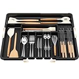 Euqvunn Erweiterbarer Besteckkasten für Schubladen, 6-9 Fächer Verstellbar, mit 2 Abnehmbaren Messerblöcken, Kompakte Kunststoff Besteckeinsatz Utensilienhalter für Gabeln und Messer(Schwarz)