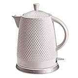 Elektrischer Wasserkocher aus Keramik, Füllmenge 1,5 L, abnehmbarer Deckel, Farbe: weiß .Teekessel in weiss retro Noppen-Design, electric Tee kettle Ceramic Porzellan white vintage. Geschenkidee.