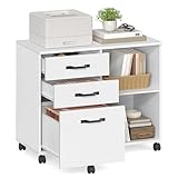 VASAGLE Rollcontainer, Aktenschrank, mit 3 Schubladen und Rollen, offene Fächer, für Dokumente in DIN A4-, Letter-Format, Druckerständer, Industrie-Design, weiß mit Holzmaserung OFC041W46