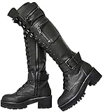 Lchongzhuo Frauen Schnalle Kampf Plateaustiefel ?Schnüren Blockabsatz Motorrad Kniehohe Stiefel Versteckte Tasche Kniehohe Stiefel für Frauen Militär Kniehohe Stiefel für Frauen (Black,39 EU)