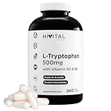 L-Tryptophan 500 mg. 240 vegane Kapseln für eine 8-monatige Behandlung. 500 mg reines Tryptophan mit 16 mg Vitamin B3 (100% NRV) und 1,4 mg Vitamin B6 (100% NRV). Hergestellt von HIVITAL