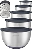 Winzbacher Edelstahl Schüssel mit Deckel [5er Set] 1l + 1.5l + 2.5l + 3.5l + 4.5l | Rührschüssel, Salatschüssel, Schüsselset, | rutschfest | stapelbar | inkl. Reibe