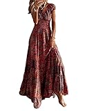 ABYOVRT Sommer Kleider Damen Sommerkleid Boho Lang Kleider Böhmisch Blumen Strandkleid V-Ausschnitt Freizeitkleider Kurzärmelig Maxikleider,Rot,L
