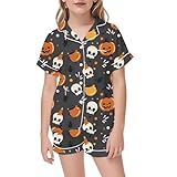 SUPTTING Halloween Mädchen Schlafanzug, Festlich Bequem Pyjama, Knopfleiste Reverskragen Shorty, Thematisch Grusel Totenkopf Nachtwäsche, für Übernachtungsparty
