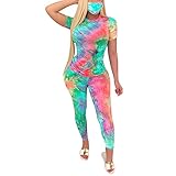 StarTreene 2-teiliges Damen-Trainingsanzug, Batik-Trainingsanzug, kurzärmeliges Hemd und Shorts, Sportbekleidung, Grün / Rot, L