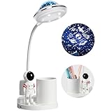 WLHBF Schreibtischlampe Kinder, LED Astronaut Tragbar Tischlampe, Leselampe mit Projektion &Bleistifthalter, Schreibtischlampe Dimmbar Wiederaufladbar Lampe für Student Schlafsaal Studie Lesen