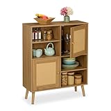 Relaxdays Sideboard, 2 Rattan-Türen, 4 offene Fächer, 2 Schrankfächer, 97x80x25 cm, Wohnzimmer, Küche, Kommode, Natur
