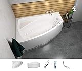 ECOLAM Badewanne Eckbadewanne Acryl Frida Polimat weiß 150x90 cm LINKS + Schürze Ablaufgarnitur Ab- und Überlauf Automatik Füße Silikon Komplett-Set