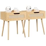 Yaheetech 2er Set Nachttisch Rattan Beistelltisch mit Schublade Nachtkommode Holzbeine Sofatisch Nachtkommode für Schlafzimmer/Wohnzimmer, Hellbraun