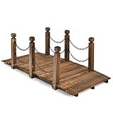GOPLUS Holzbrücke aus Fichtenholz, 150 x 67cm x 55cm Teichbrücke bis 180 kg belastbar, Gartenbrücke mit Geländer & Ketten, Brücke für Garten Park Hinterhof