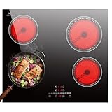 Glaskeramikkochfeld 4 Platten, DELITEER Kochfeld Autark, Kochfelder 59cm Einbau, 6000W, Slider-Touch-Steuerung, Sicherheitsschloss, Pausenfunktion, 220V, 50Hz, Kein Stecker