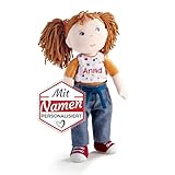 HABA Stoffpuppe mit Namen personalisiert/Bestickt, Erste Baby Puppe für Mädchen, Weiche Kuschelpuppe als Taufgeschenk, Kinder Geschenk-Idee Babypuppe (Braunes Haar)