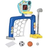 AIYAPLAY Fußballtor für Kinder, 3-in-1-Multiaktivitätszentrum mit verstellbarem Basketballkorb, Punktetafel, Golfset, Sound- und Lichteffekt, für 18-48 Monate, mehrfarbig