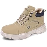 OFFCUP Sicherheitsschuhe Herren Damen, Wasserdicht Stahlkappe Arbeitsschuhe, Schnittschutzstiefel, rutschfeste Leicht Knöchelhoch Leder Sicherheitsschuhe Khaki Größe 45