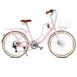 LSQXSS 7-Gang-Hybridfahrrad, City- und Strandräder mit Getränkehalter, Doppelscheibenbremsen, Gepäckträger aus dickem Stahl, Komfort-Cruiser-Fahrrad für Frauen und Erwachsene, versteckte Bremsleitung