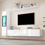 Kebnor TV Wohnwand Set 3-teilig LED Beleuchtung Hochglanz Weiß Wohnzimmer Möbel Set Frontale Wohnwand Weiß 1 x TV Schrank, 1 x Wohnzimmer Vitrine, 1 x Hängeregal