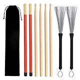 Gobesty Drumsticks Set, 2 Paar Klassische Hochwertige Ahorn-Drum-Stick-Sets mitEinziehbarerDrahttrommelbürsteundBundle-Drum-Stick-Dowel-Drumsticks Plus Wasserdichte Tasche