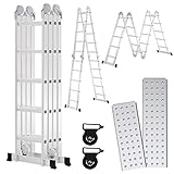 Sonnewelt 4x5 Stufen Aluminium Mehrzweckleiter, 5.8M Multifunktionsleiter mit plattform, Leiter mit 2 Gerüstplatten, Trittleiter bis 150 kg, Mehrzweckleiter, Klappleiter 20 Stufen, Silber