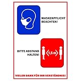 DIN A3 Aufkleber Maskenpflicht und Mindestabstand Hinweisschild Corona Regeln 1,5 m Abstand Maske tragen Aufkleber Warnung Hinweis 297 mm x 420 mm | Made in Germany |