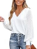 CUPSHE Damen Blusen mit V Ausschnitt, überbackener Spitze, Lange Spitzenärmel, gebänderte Manschetten, schickes, Elegantes Hemd, Weiß XL