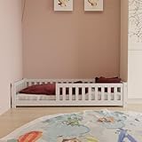 Juskys Kinderbett Naya - 80x160 cm Bett mit Rausfallschutz & Lattenrost - Holz Bodenbett für Kinder 3-10 Jahre - modernes Bettgestell Weiß